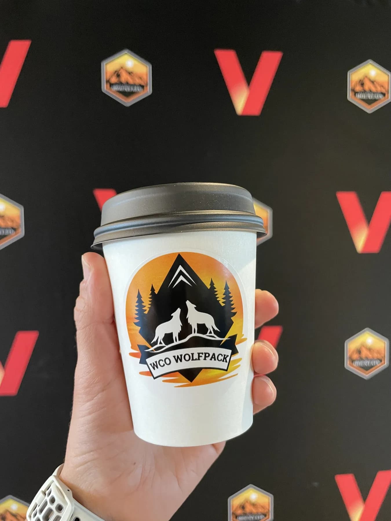 Custom-labelled coffee cups made for a Flipside catering client