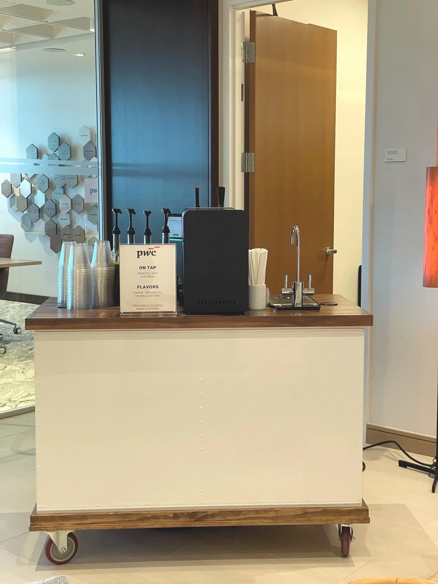 Flipside draft tap cart serving cold brew and matcha in an office hallway