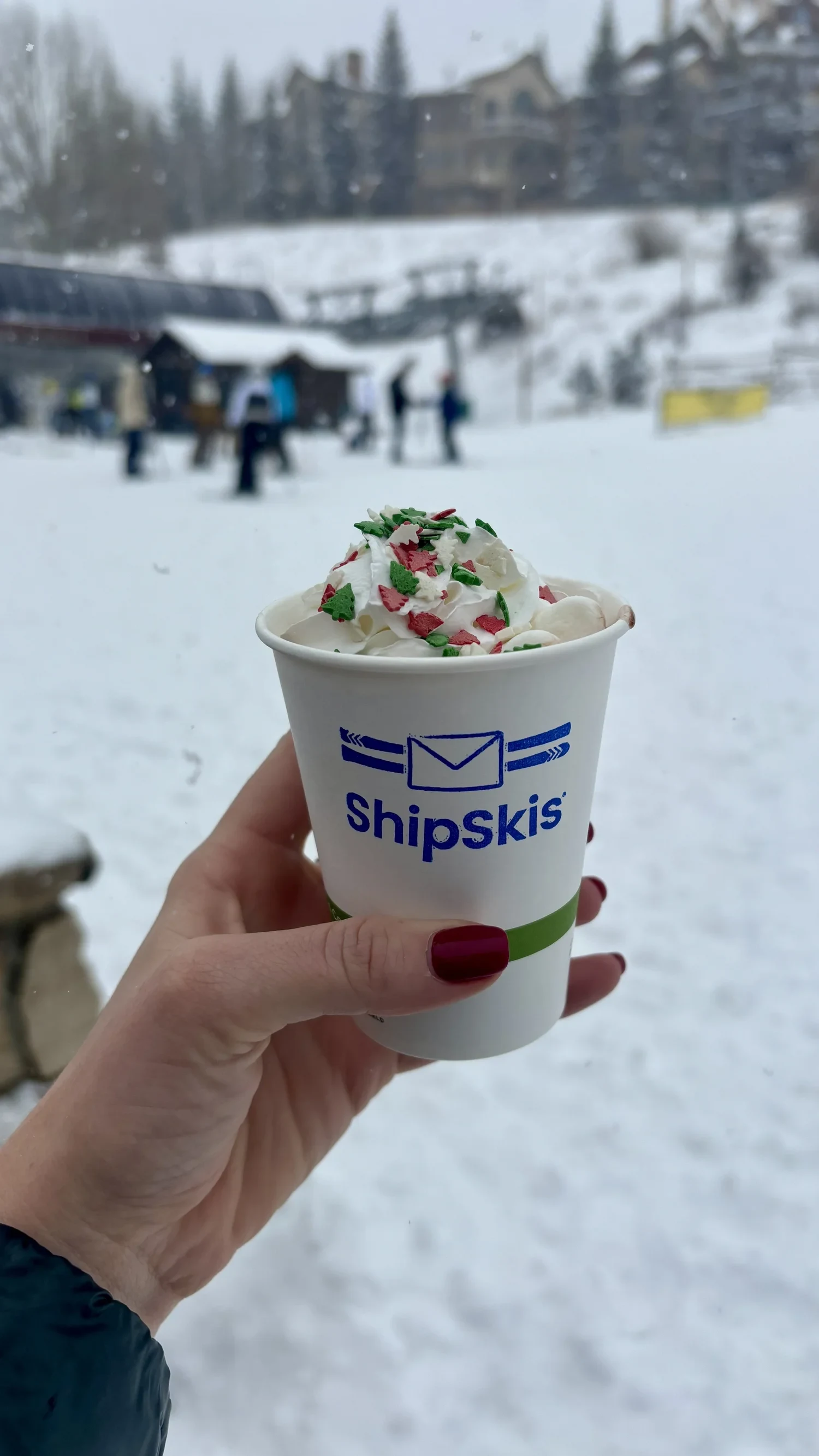 Hot cocoa with whipped cream and sprinkles held at a snowy ski base