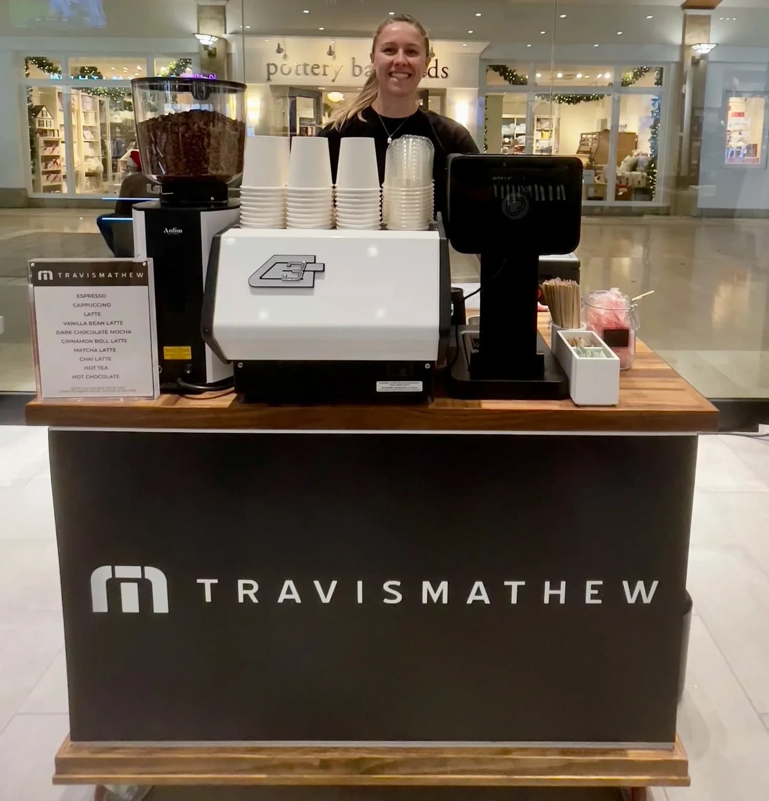 TravisMathew-wrapped Flipside coffee cart in a shopping mall