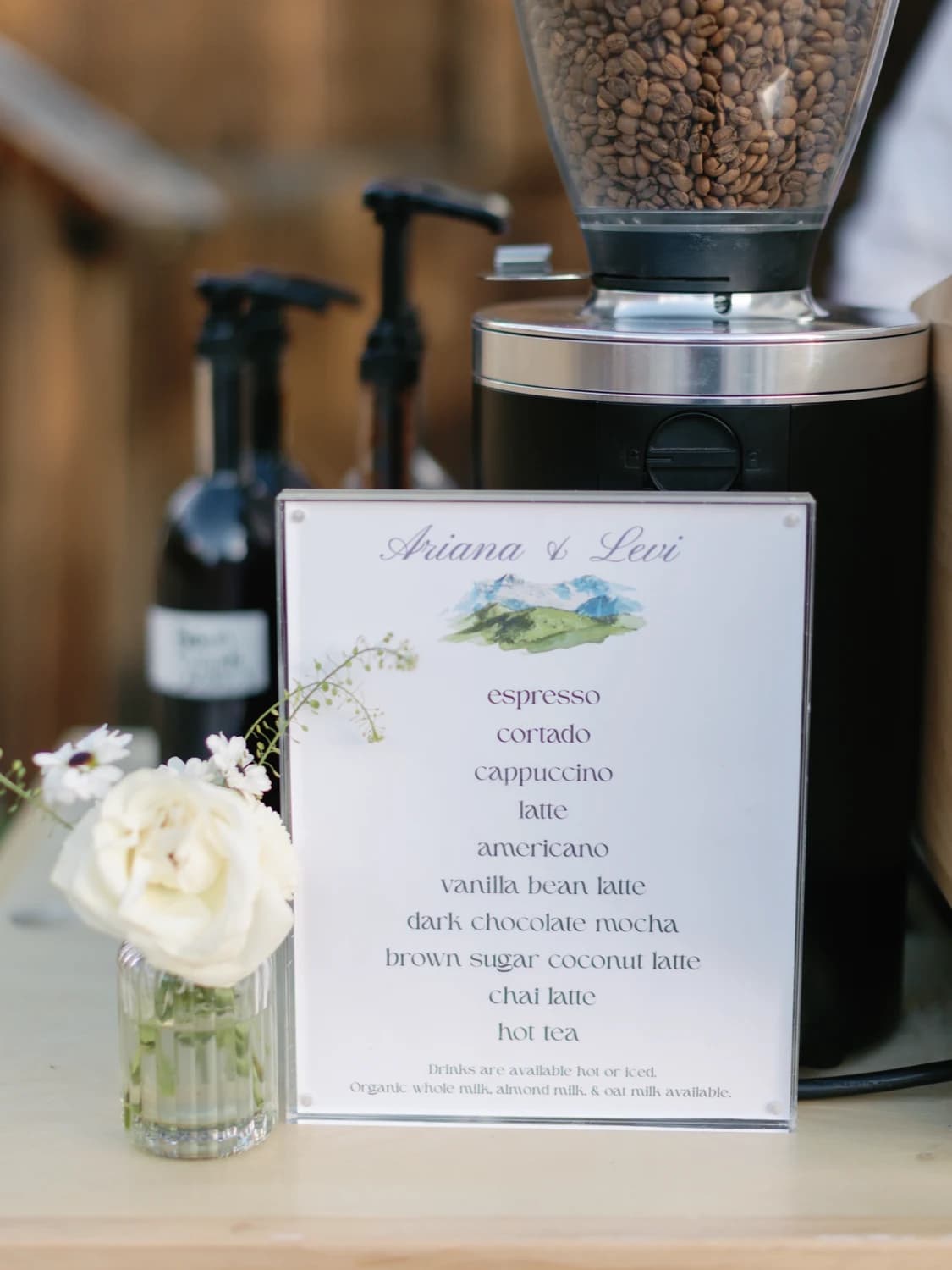 Custom wedding coffee menu sign on a Flipside espresso cart